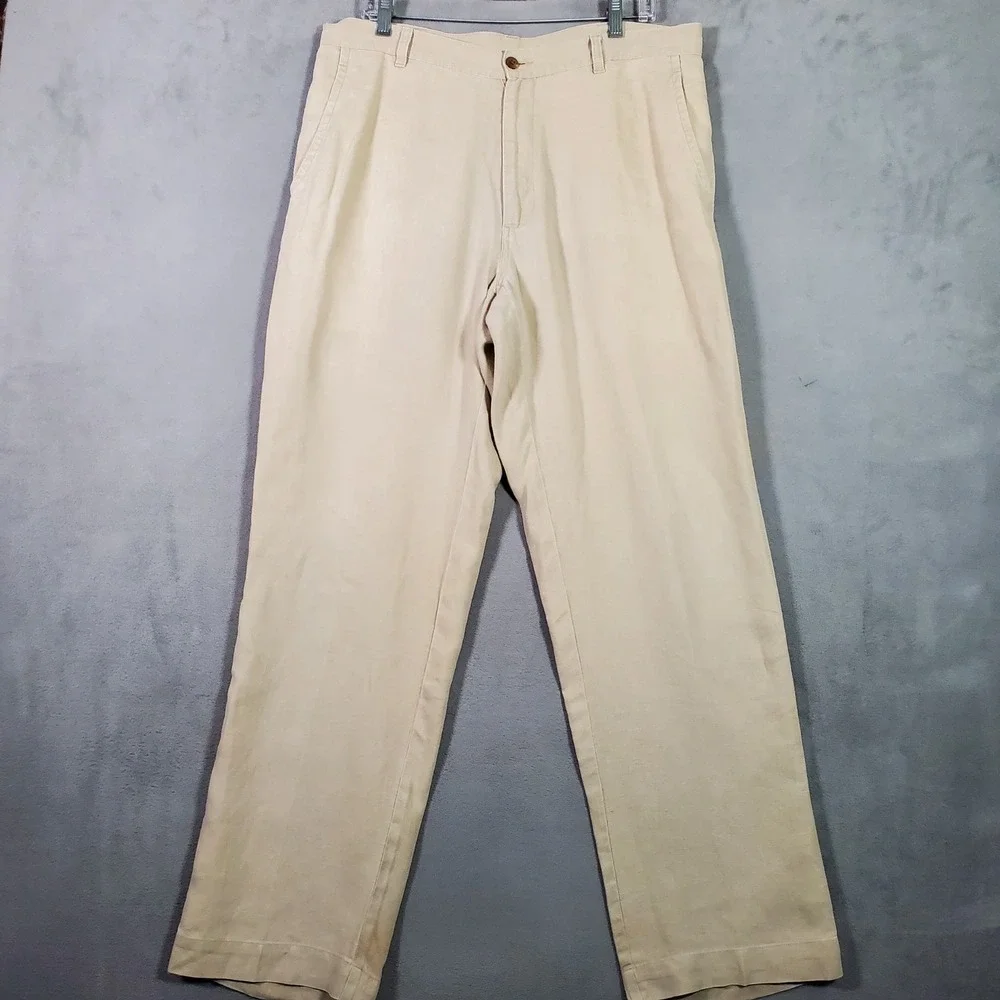 Jos. A. Bank Pants Mens 36x32 Beige Linen Flat Front Coastal Old Money Luxury